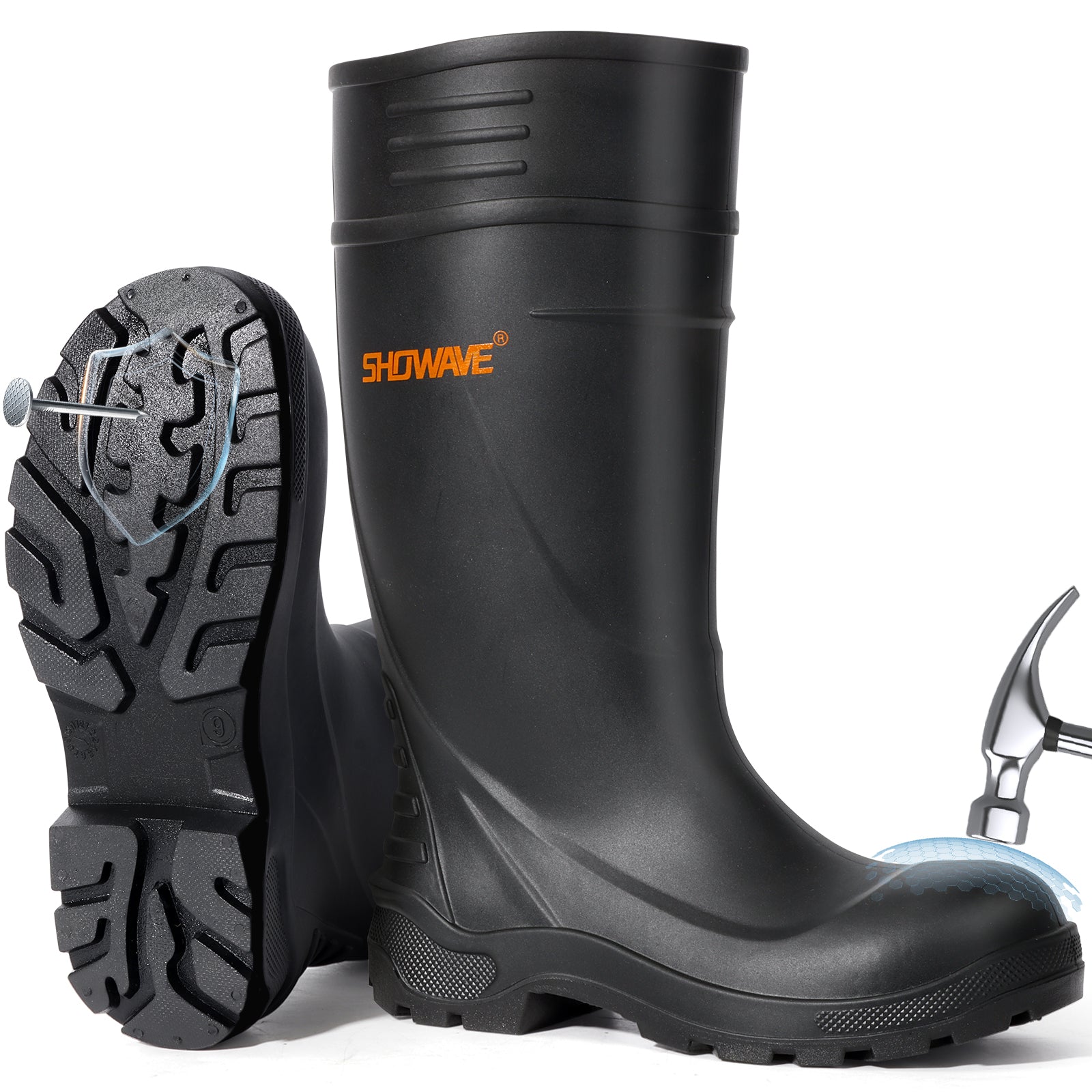 Showave Men's Steel Toe Rubber Work Boots – Waterproof Mid-Calf Boot