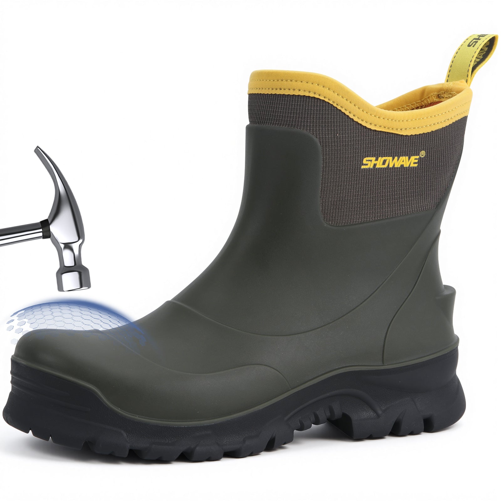 Showave Men's Short Steel Toe Rubber Work Boots Waterproof Rain Boot for Farming Construction Hunting Outdoor