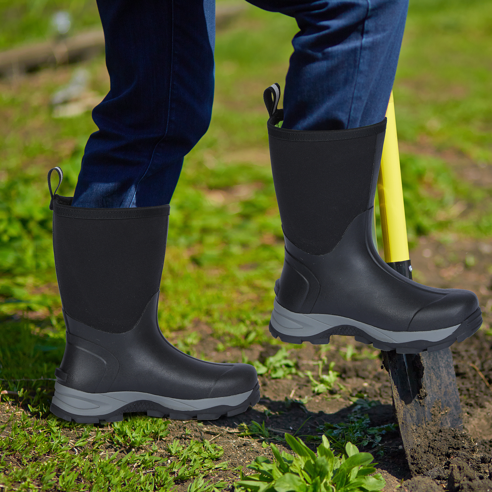 Showave Men's Mid Calf Rubber Work Boots Waterproof Insulated Rain Boots for Outdoor Mud Gardening