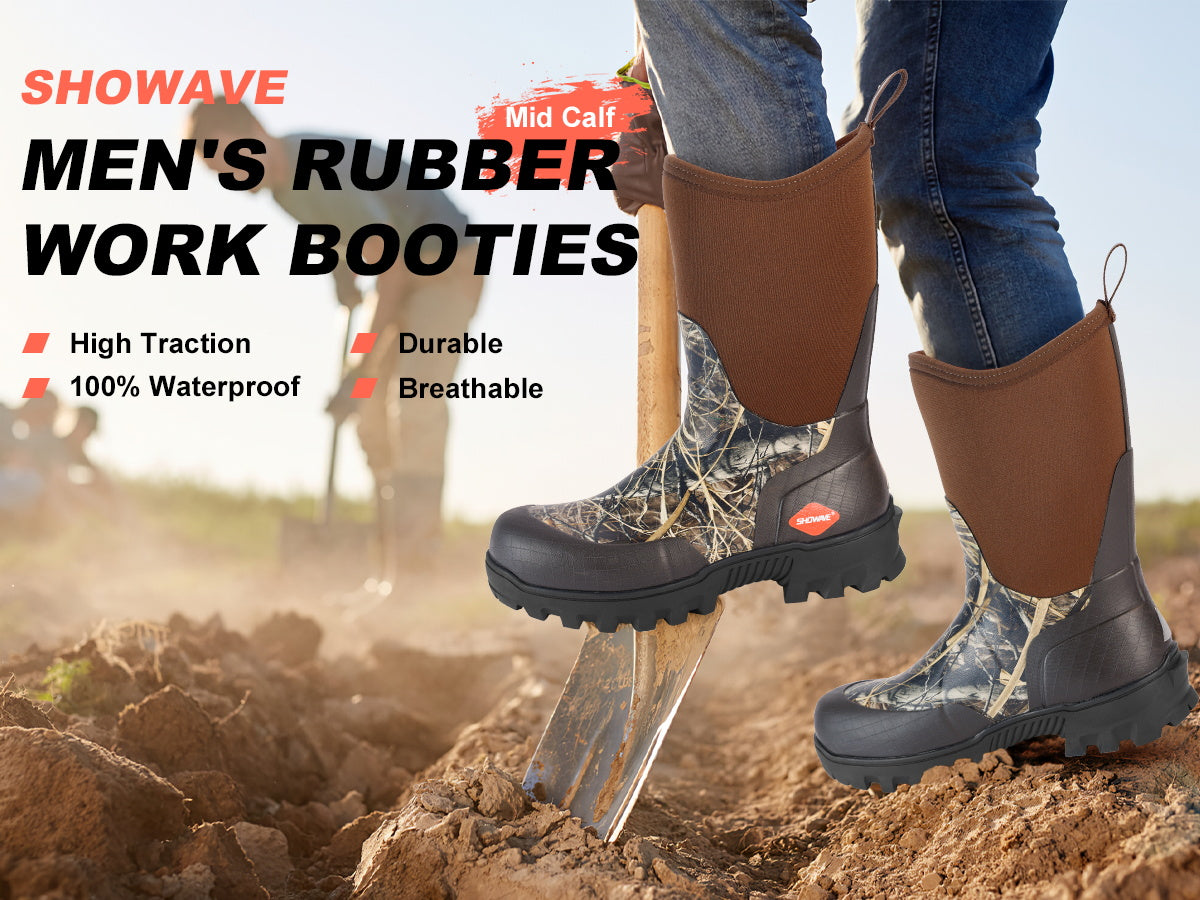 Showave Men's Mid Calf Rubber Work Boots Waterproof Rain Boot Insulated Mud Boots with Comfortable Sports Soles