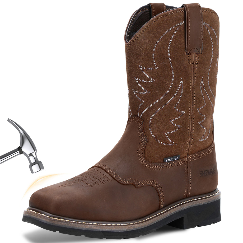 Showave Steel Toe Cowboy Boots for Men Western Square Toe Work Boot Full-grain Leather Safety Boots with Hazard Protection for Construction Manufacture Farming