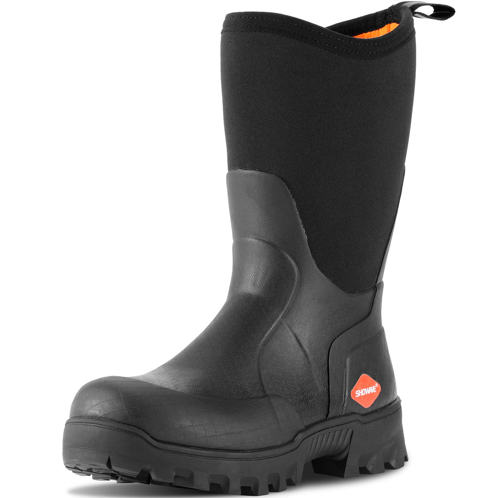 Showave Men's Mid Calf Rubber Work Boots Waterproof Rain Boot Insulated Mud Boots with Comfortable Sports Soles