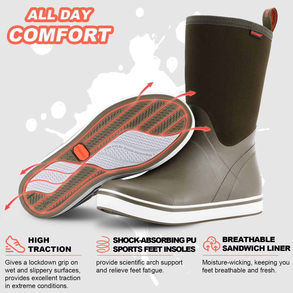 Showave Men's Deck Boots – Waterproof Mid-Calf Rain Boot
