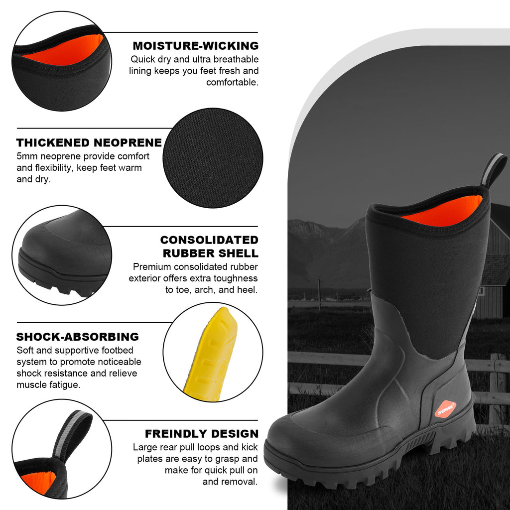 Showave Men's Mid Calf Rubber Work Boots Waterproof Rain Boot Insulated Mud Boots with Comfortable Sports Soles