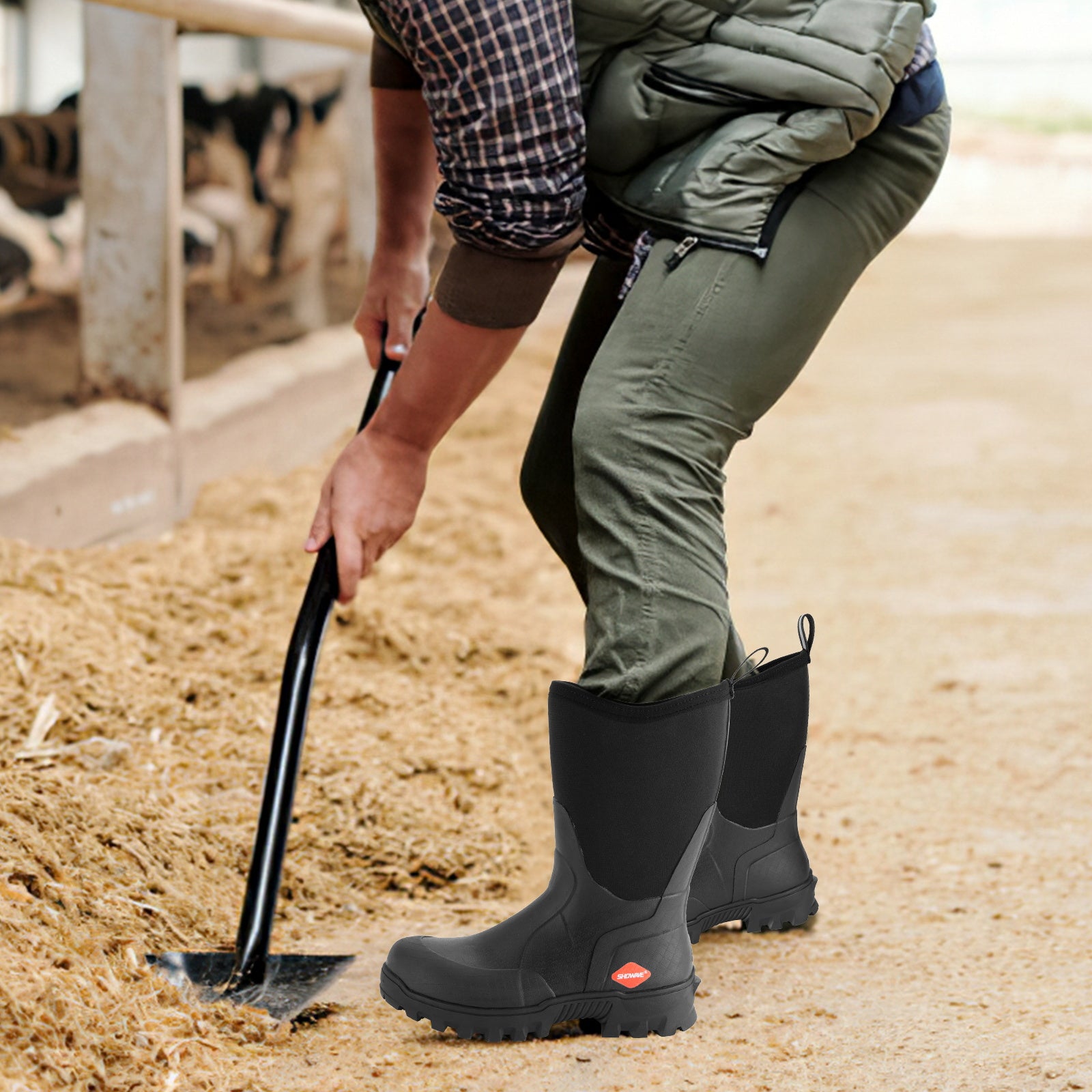Showave Men's Mid Calf Rubber Work Boots Waterproof Rain Boot Insulated Mud Boots with Comfortable Sports Soles
