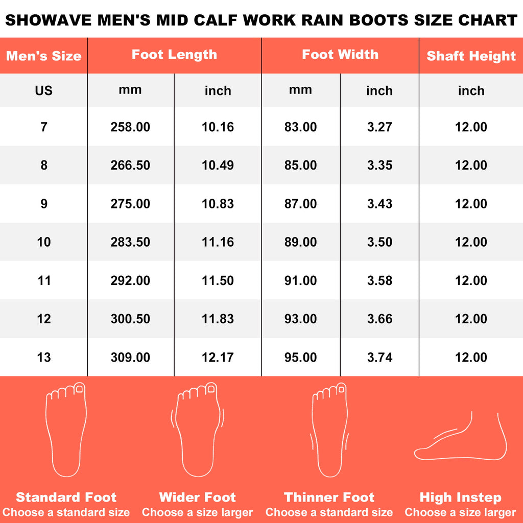 Showave Men's Mid Calf Rubber Work Boots Waterproof Rain Boot Insulated Mud Boots with Comfortable Sports Soles