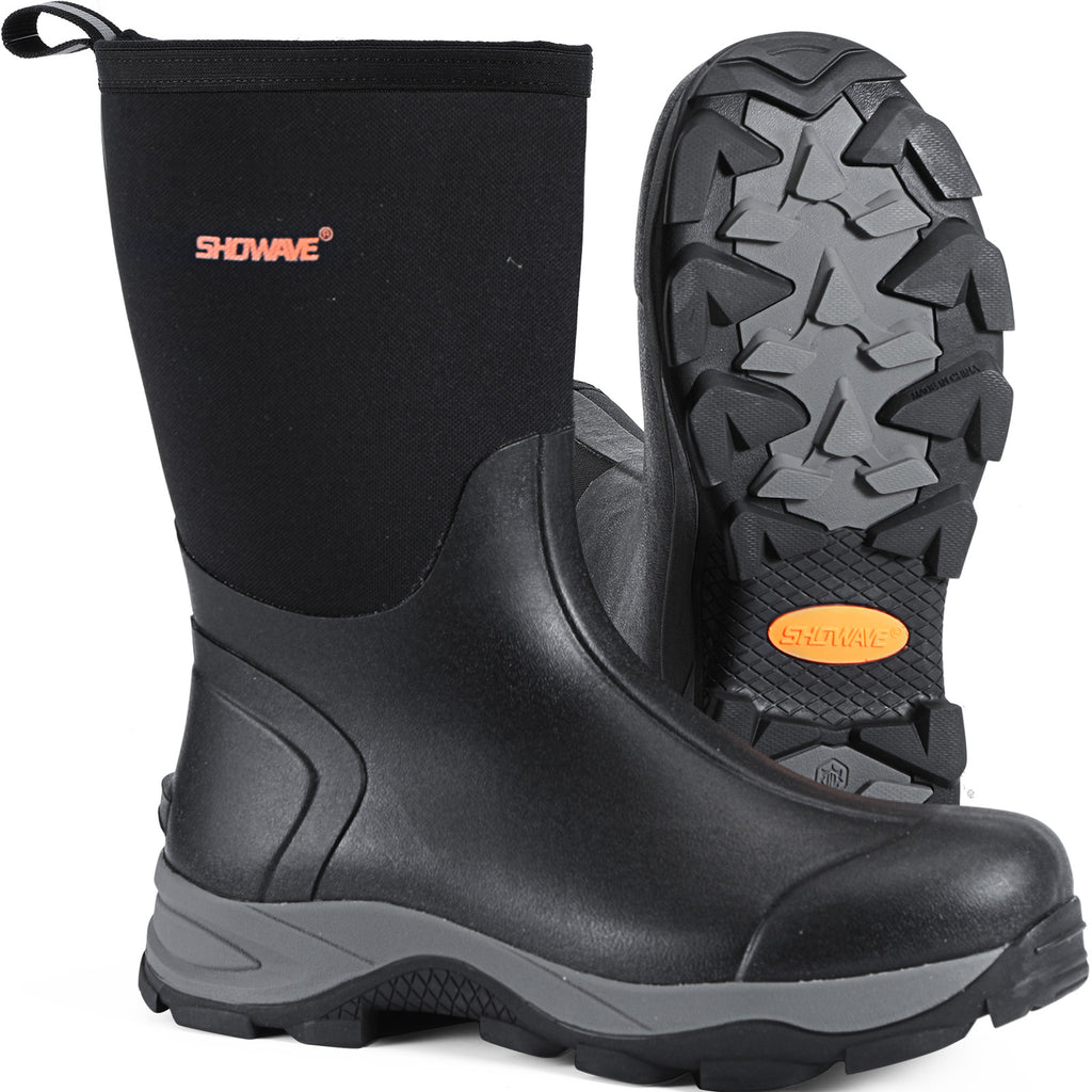 Showave Men's Mid Calf Rubber Work Boots Waterproof Insulated Rain Boots for Outdoor Mud Gardening