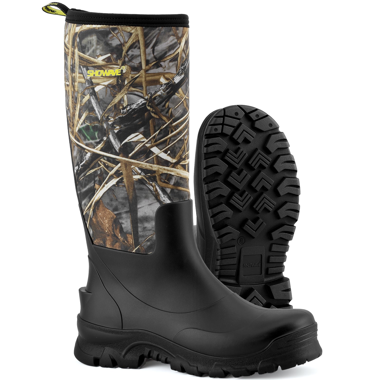 Showave Men's Knee High Waterproof Rubber Rain Boots - Insulated Mud Boot for Hunting & Outdoor