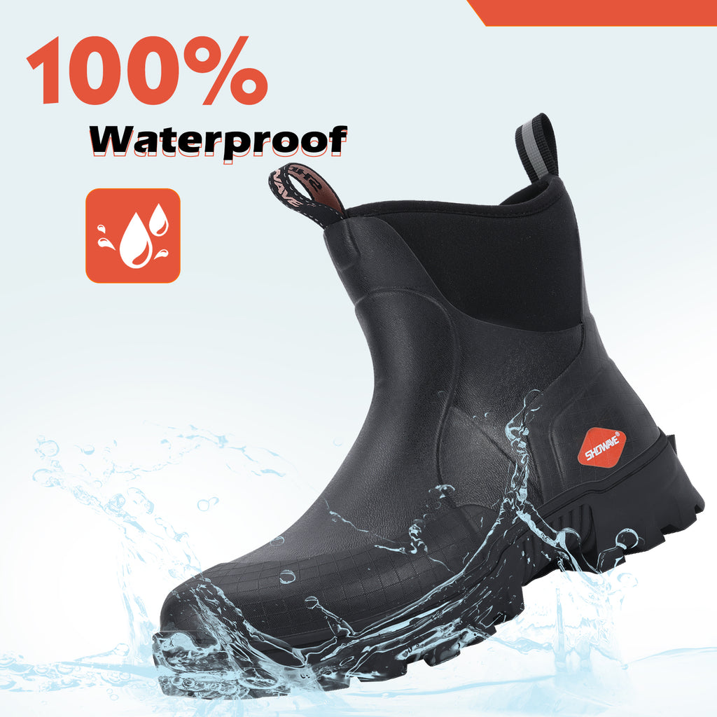 Showave Men's Short Rubber Boots Waterproof Rain Boots Insulated Working Booties with Comfortable Sports Sole