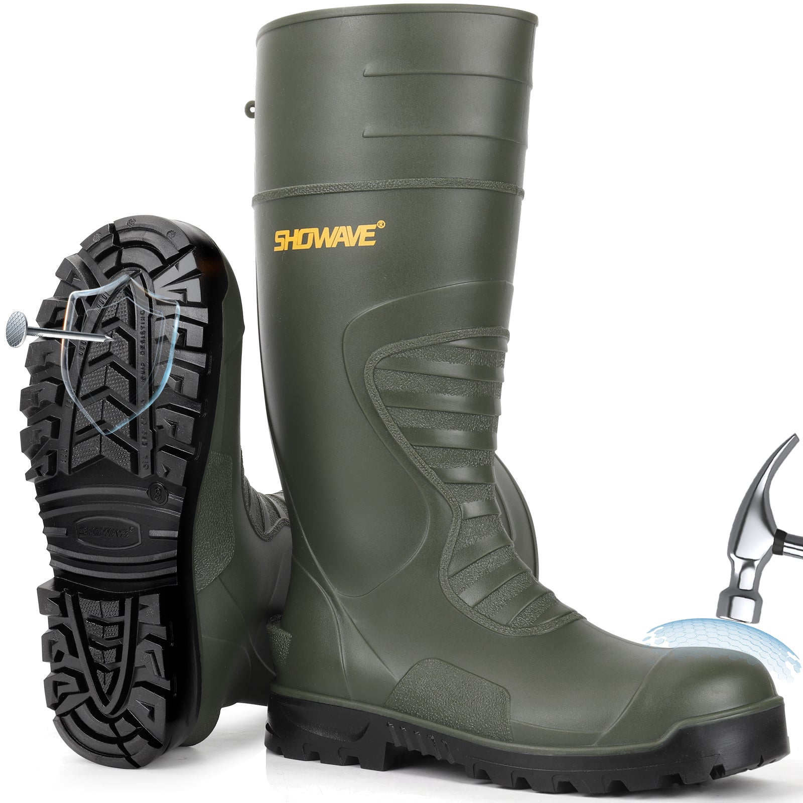 Showave Men's Steel Toe Rubber Boots – Kevlar Puncture-Proof Waterproof Work Boot for Construction & Agriculture