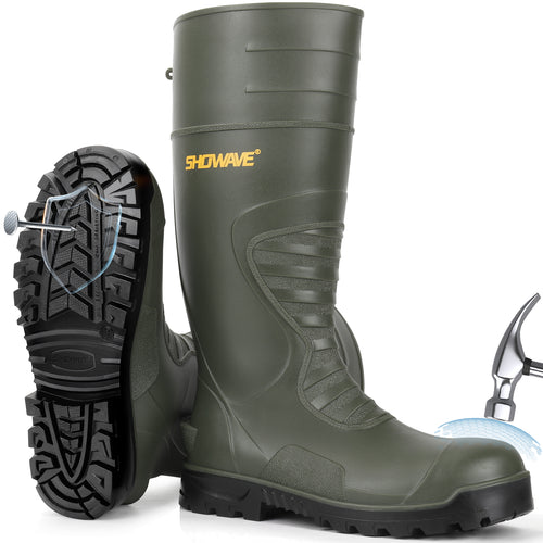 Showave Men's Steel Toe Rubber Boots – Kevlar Puncture-Proof Waterproof Work Boot for Construction & Agriculture