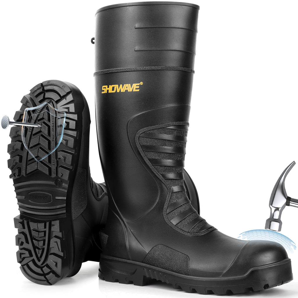Showave Men's Steel Toe Rubber Boots – Kevlar Puncture-Proof Waterproof Work Boot for Construction & Agriculture
