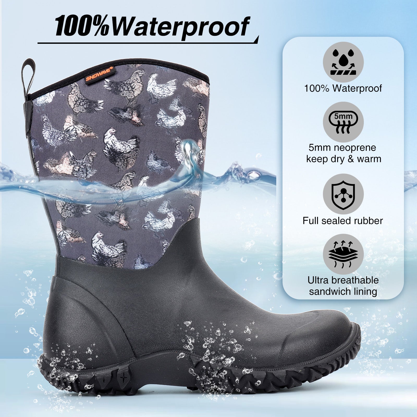 Showave Women's Waterproof Garden Boots – Rubber Rain Boots for Gardening, Farming & Outdoor Work