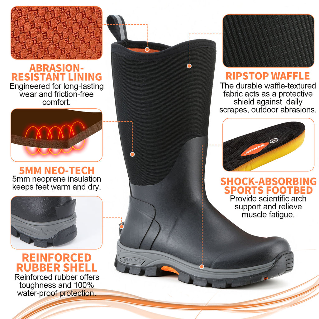 Showave Men's Rubber Hunting Boots Waterproof Rain Boots Insulated Neoprene Mud Boot Durable Arctic Outdoor Working Boot with Steel Shank