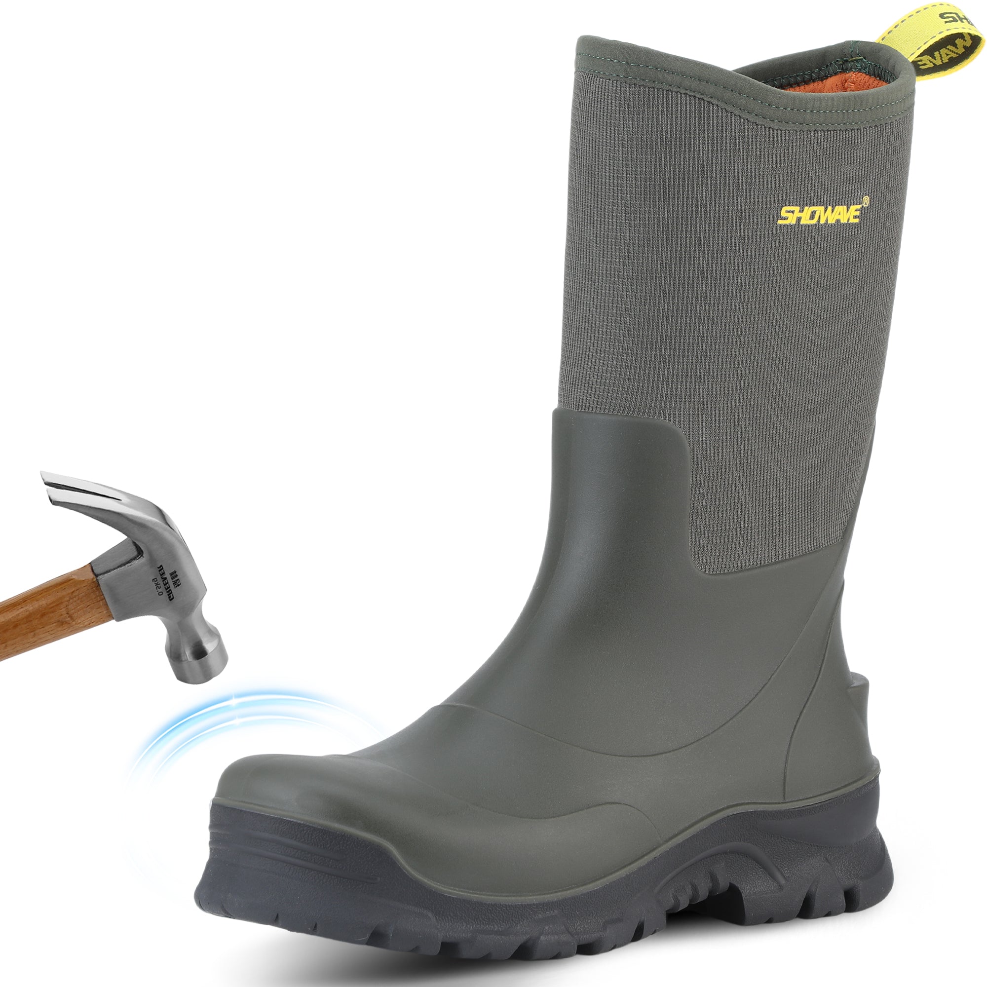 Showave Men's 13" Rubber Work Boots Steel Toe Rain Boots Waterproof Hunting Boot for Farming Construction Fishing Outdoor