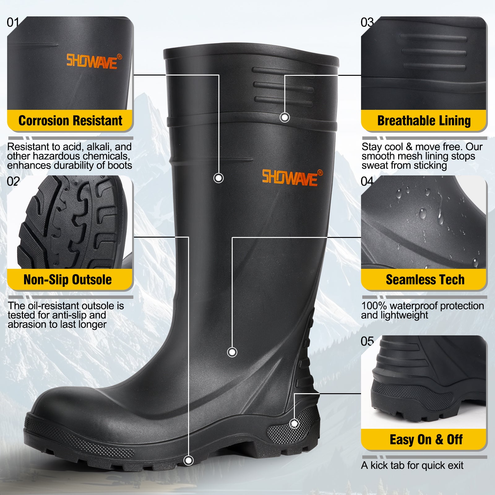 Showave Men's Steel Toe Rubber Work Boots – Waterproof Mid-Calf Boot