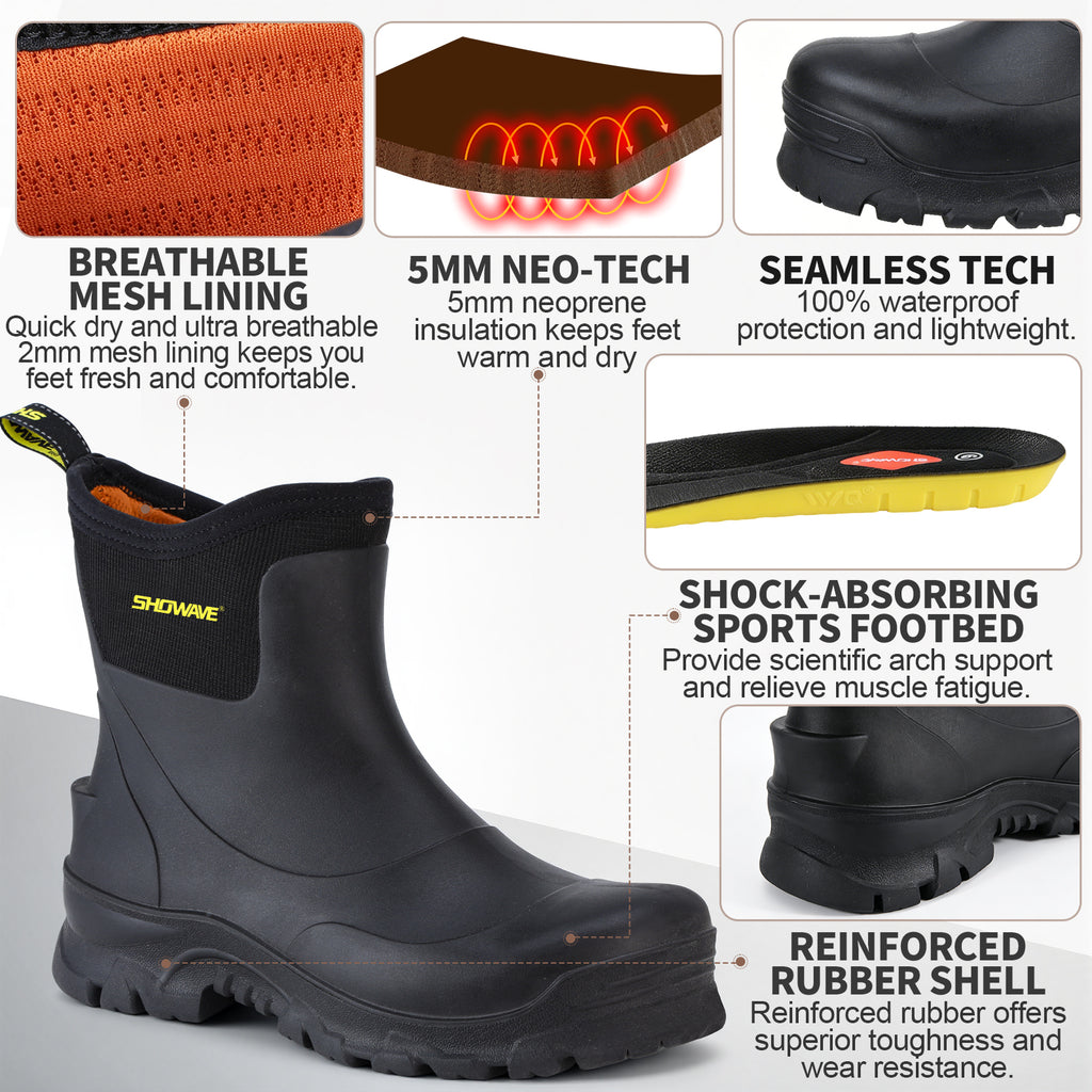 Showave Men's Short Steel Toe Rubber Work Boots Waterproof Rain Boot for Farming Construction Hunting Outdoor