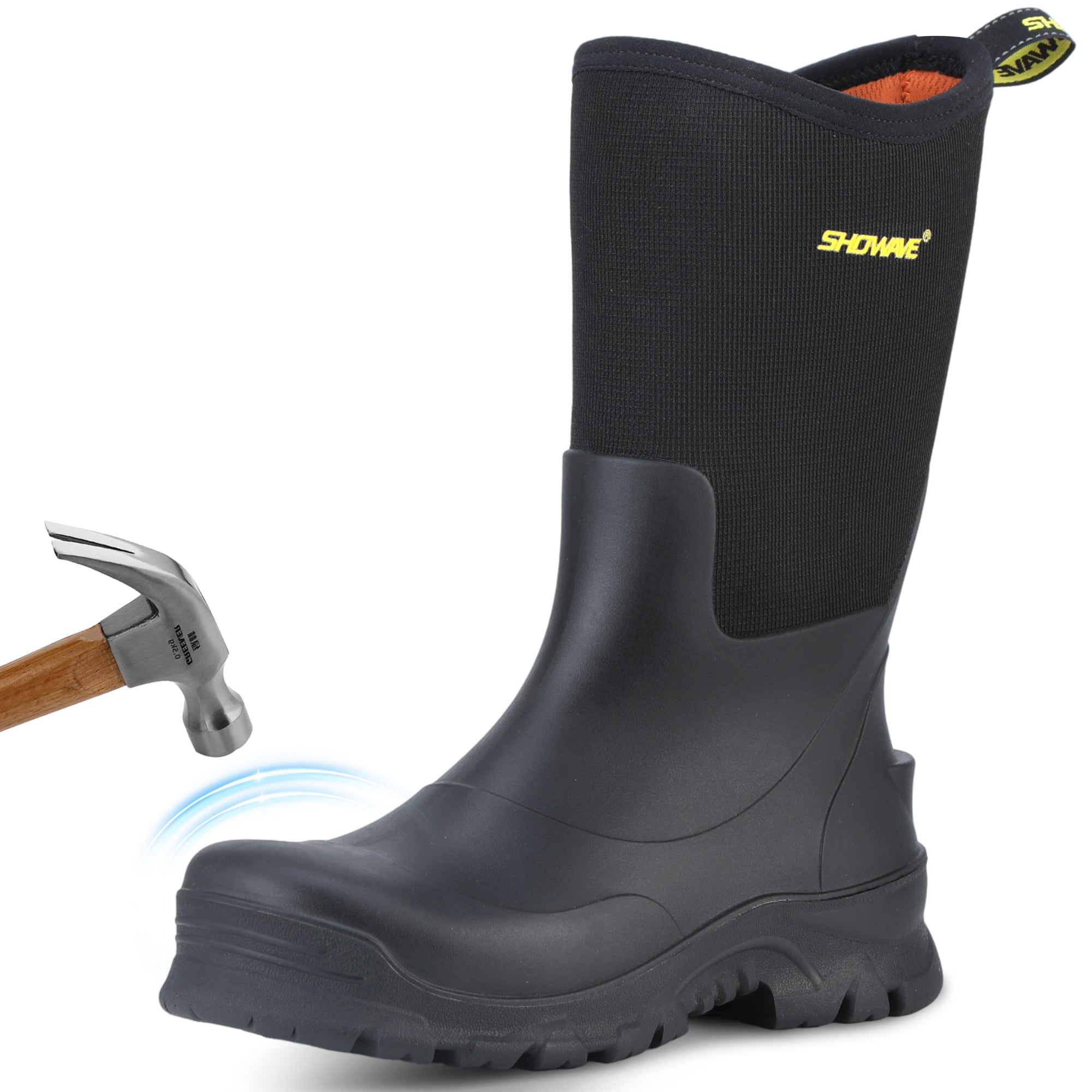 Showave Men's 13" Rubber Work Boots Steel Toe Rain Boots Waterproof Hunting Boot for Farming Construction Fishing Outdoor