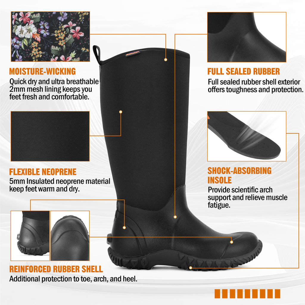 Showave Women's Tall Insulated Rubber Rain Boots - Waterproof Neoprene Mud Boot