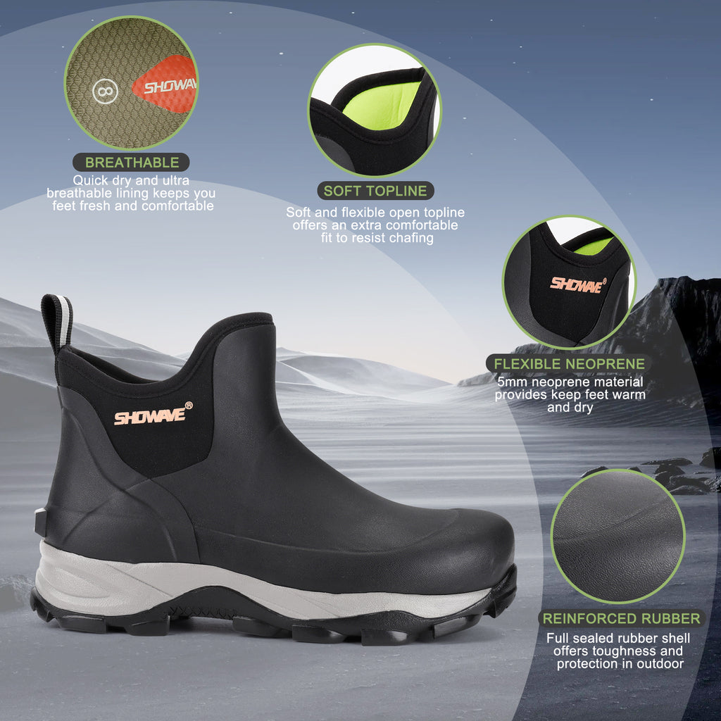 Showave Men's Rubber Boots Waterproof Rain Footwear Durable Short Hunting Boots for Mud Gardening Yard and Chore Working