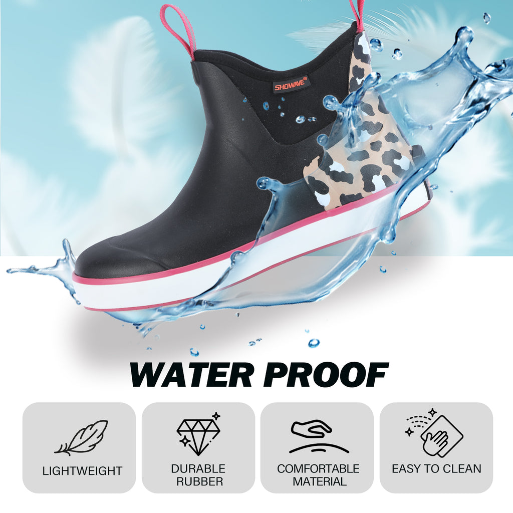 Showave Women's 6 Inch Ankle Deck Boots Waterproof Rain Footwear Rubber Mud Boots for Fishing Gardening Farming