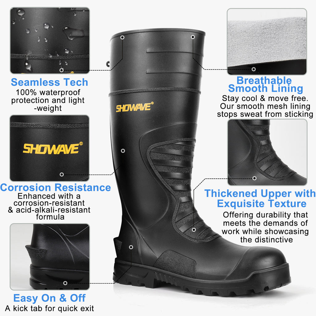 Showave Men's Steel Toe Rubber Boots – Kevlar Puncture-Proof Waterproof Work Boot for Construction & Agriculture