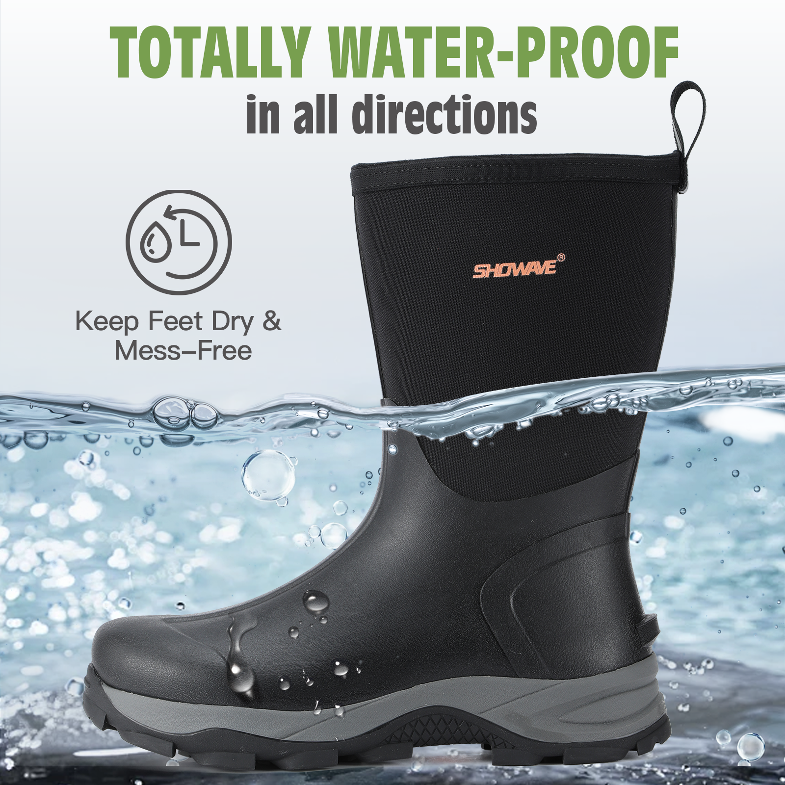 Showave Men's Mid Calf Rubber Work Boots Waterproof Insulated Rain Boots for Outdoor Mud Gardening