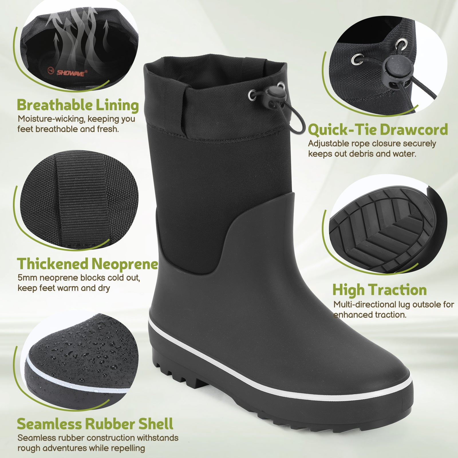 Showave Kid's Rain Boots for Boys & Girls - Waterproof Durable Rubber Mid-Calf Mud Boots