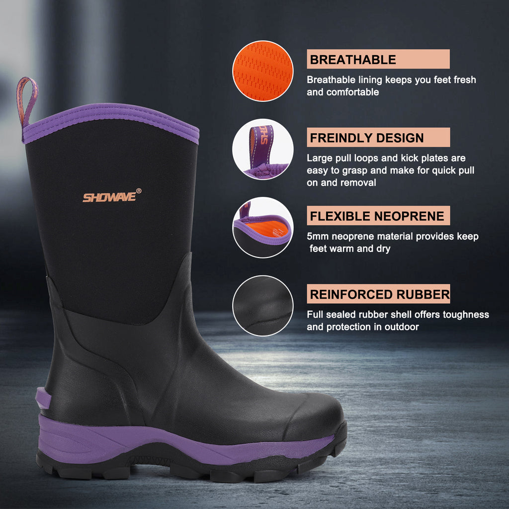 Showave Rubber Boots for Women Mid Calf Rain Boots Women Insulated Garden Boot Waterproof Durable Mud Boot for Hunting Farming Working