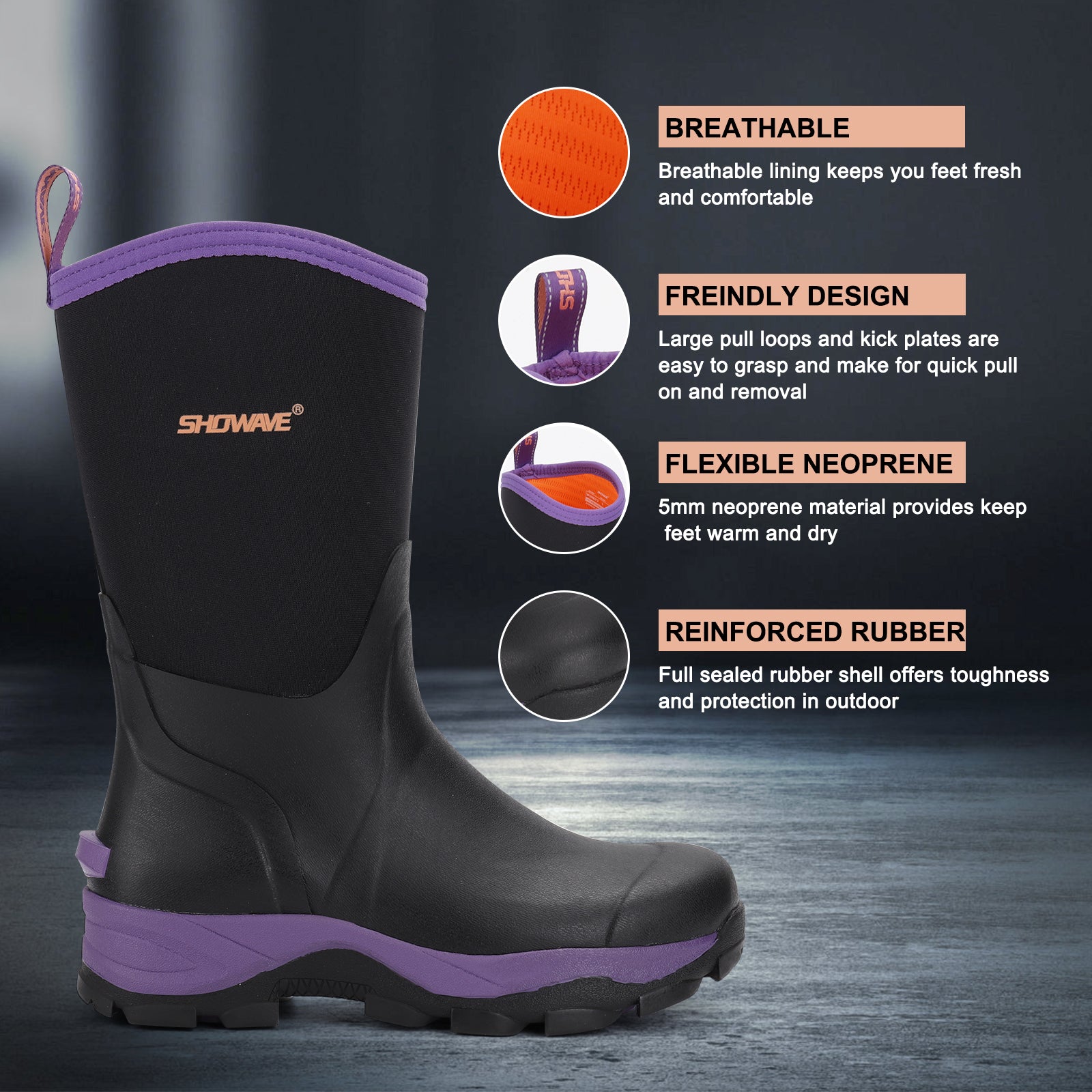 Showave Rubber Boots for Women Mid Calf Rain Boots Women Insulated Garden Boot Waterproof Durable Mud Boot for Hunting Farming Working