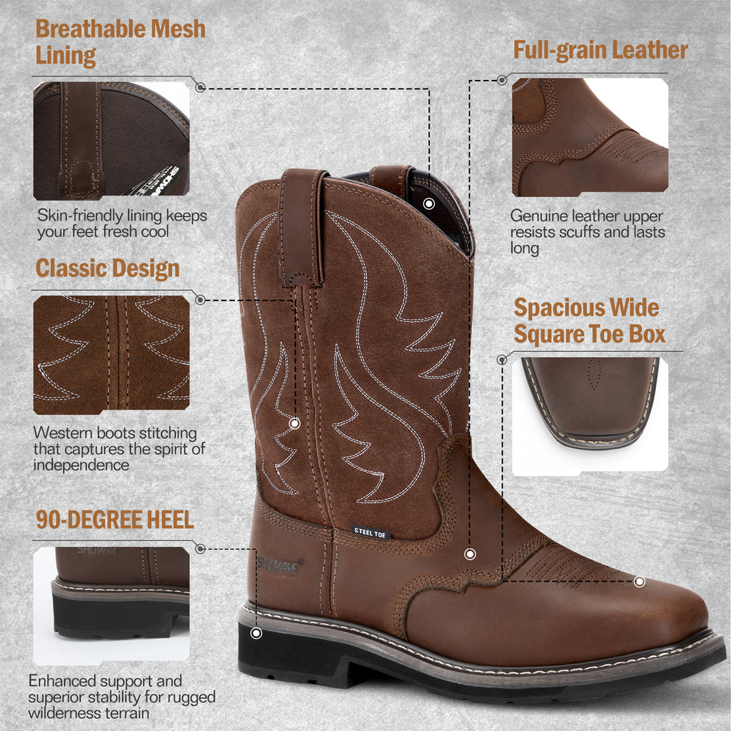Showave Steel Toe Cowboy Boots for Men Western Square Toe Work Boot Full-grain Leather Safety Boots with Hazard Protection for Construction Manufacture Farming