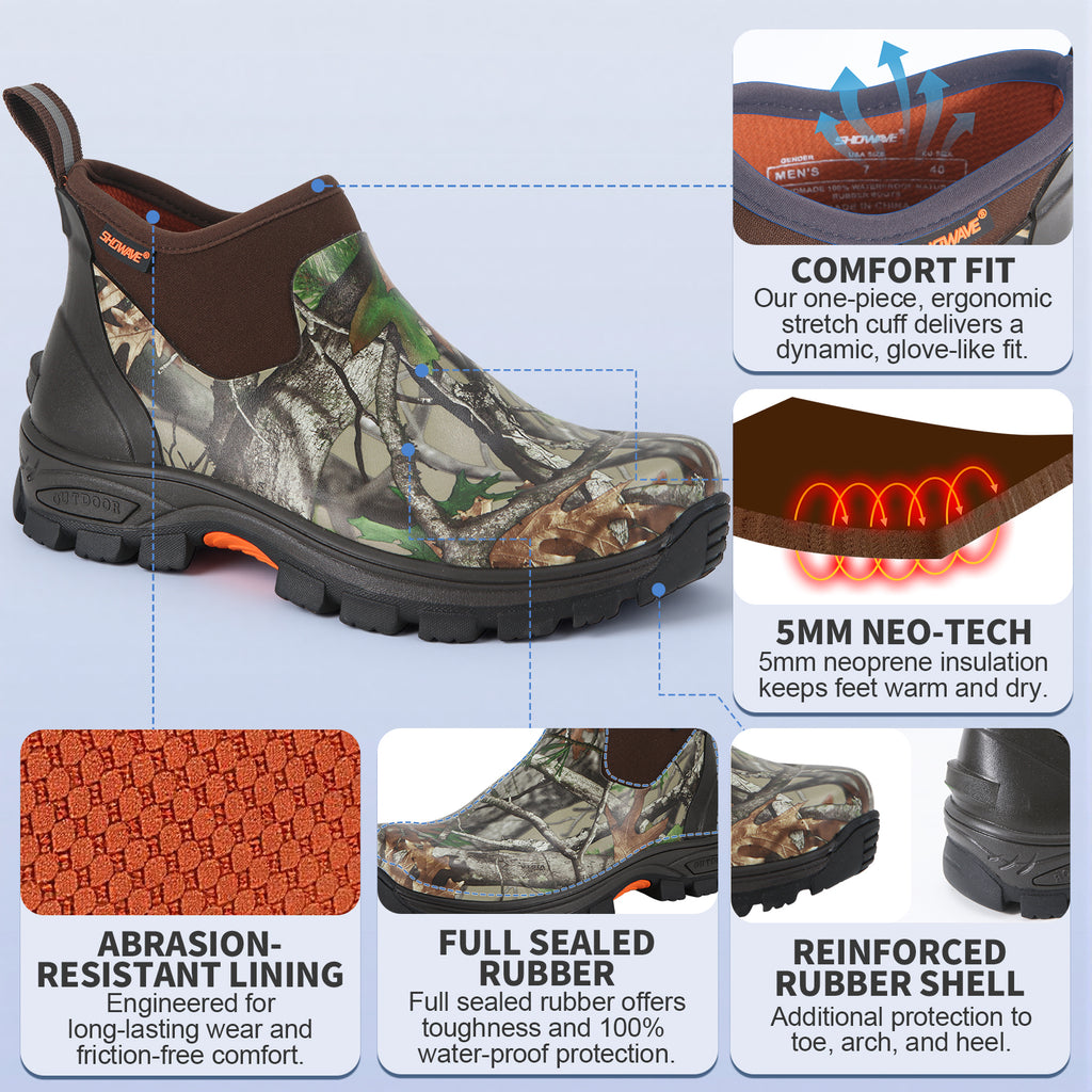 Showave Men's Excursion Ankle Rain Boots - Waterproof Rubber Mud Boot with Traction Lugs