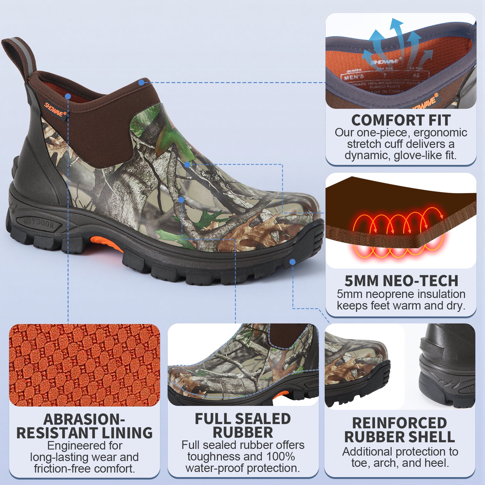 Showave Men's Excursion Ankle Rain Boots - Waterproof Rubber Mud Boot with Traction Lugs