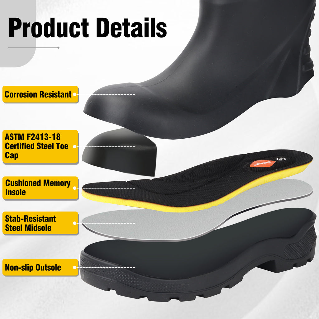 Showave Men's Steel Toe Rubber Work Boots – Waterproof Mid-Calf Boot