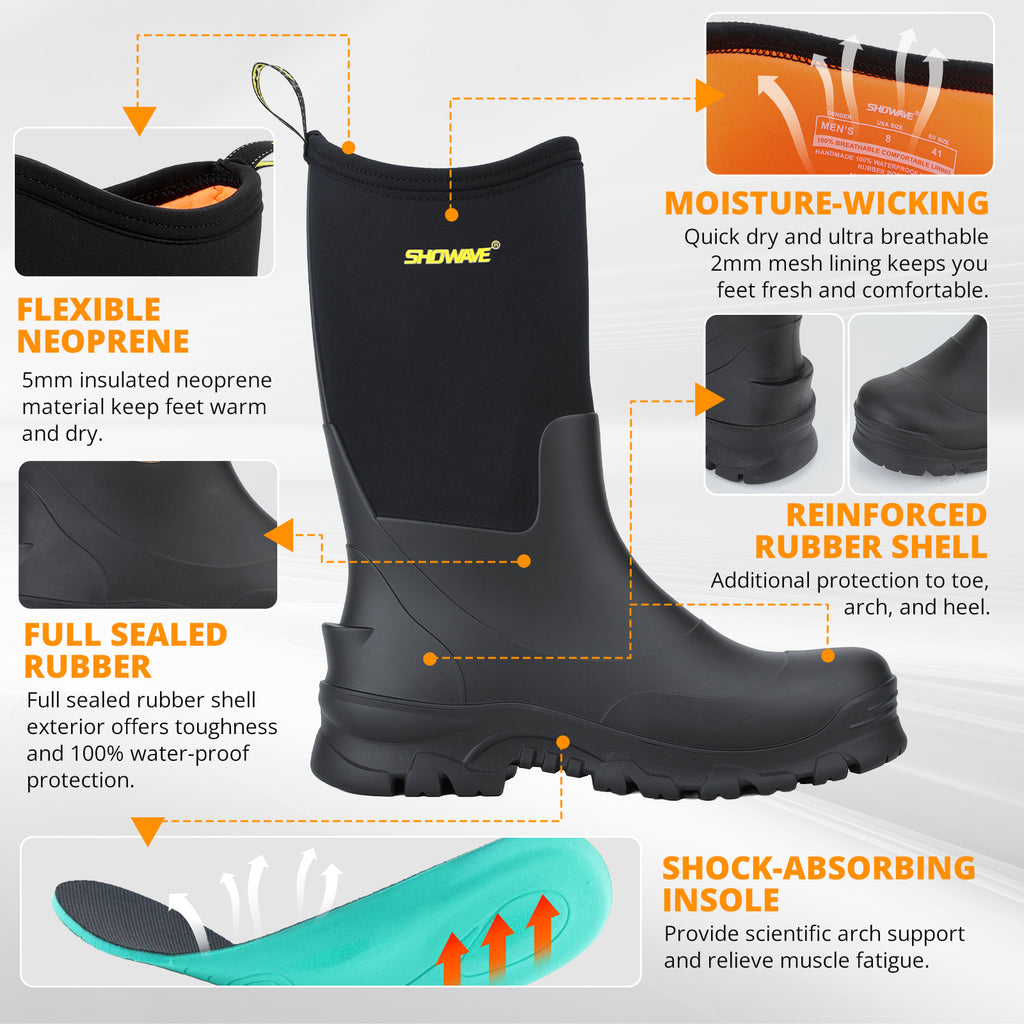 Showave Men's Rain Boots Mid Calf Mud Boot - Waterproof Insulated Rubber Boots for Gardening, Work & Outdoor