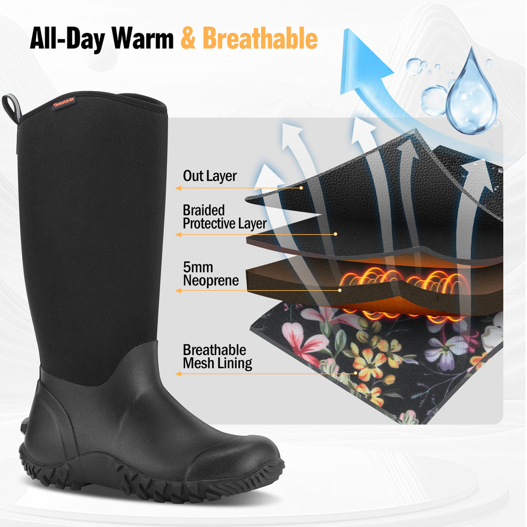 Showave Women's Tall Insulated Rubber Rain Boots - Waterproof Neoprene Mud Boot