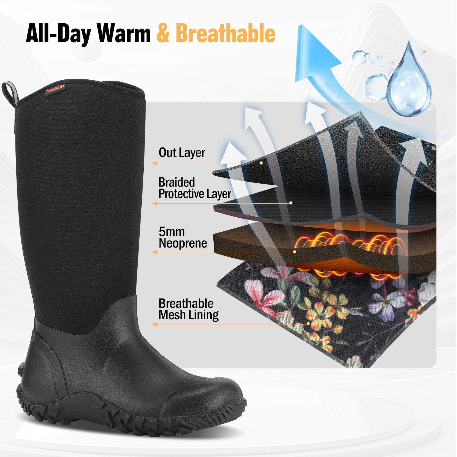 Showave Women's Tall Insulated Rubber Rain Boots - Waterproof Neoprene Mud Boot