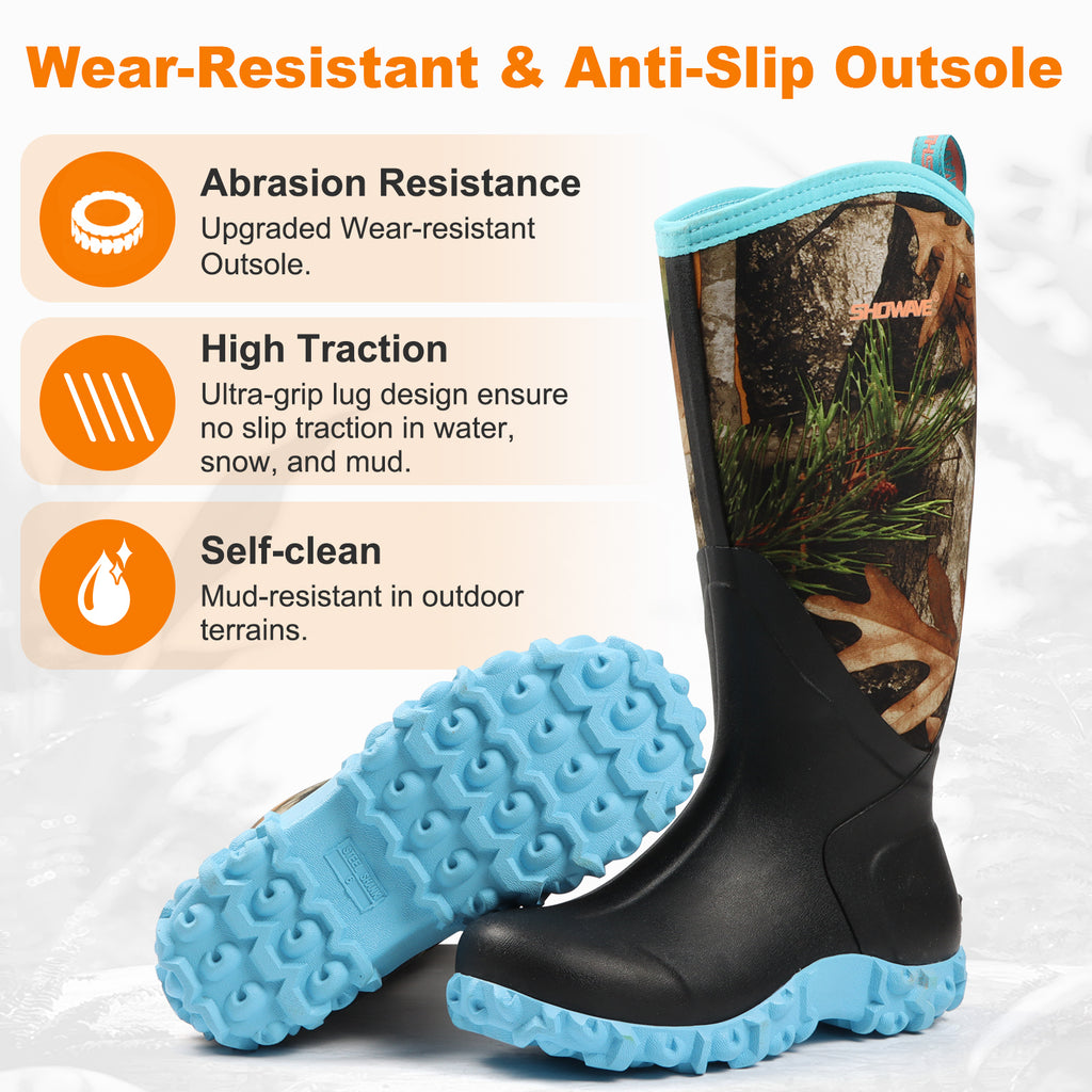 Showave Women's Tall Insulated Rubber Rain Boots – Waterproof Neoprene Mud Boot for Gardening Farming Fishing