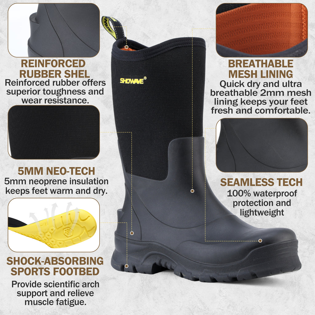 Showave Men's 13" Rubber Work Boots Steel Toe Rain Boots Waterproof Hunting Boot for Farming Construction Fishing Outdoor