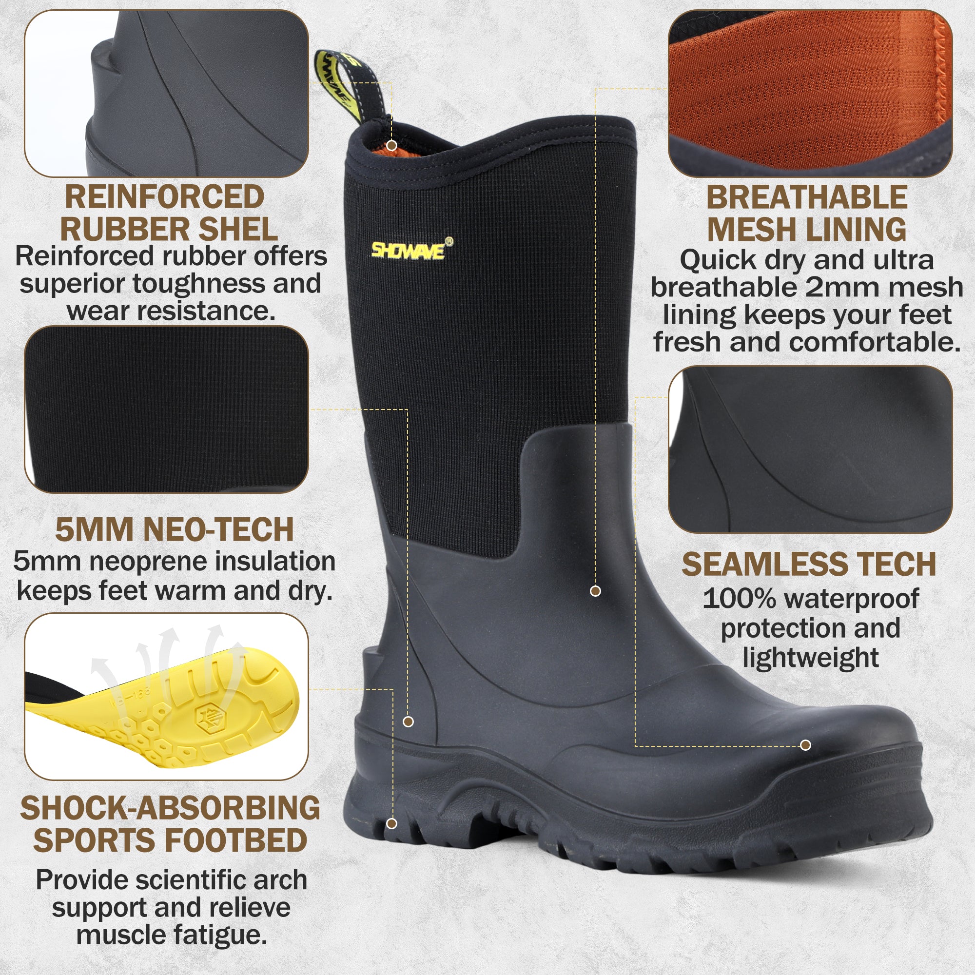 Showave Men's 13" Rubber Work Boots Steel Toe Rain Boots Waterproof Hunting Boot for Farming Construction Fishing Outdoor