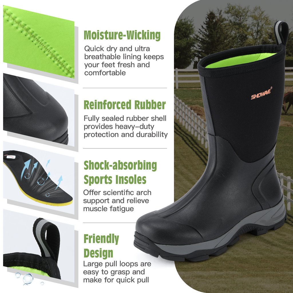 Showave Men's Mid Calf Rubber Work Boots Waterproof Insulated Rain Boots for Outdoor Mud Gardening