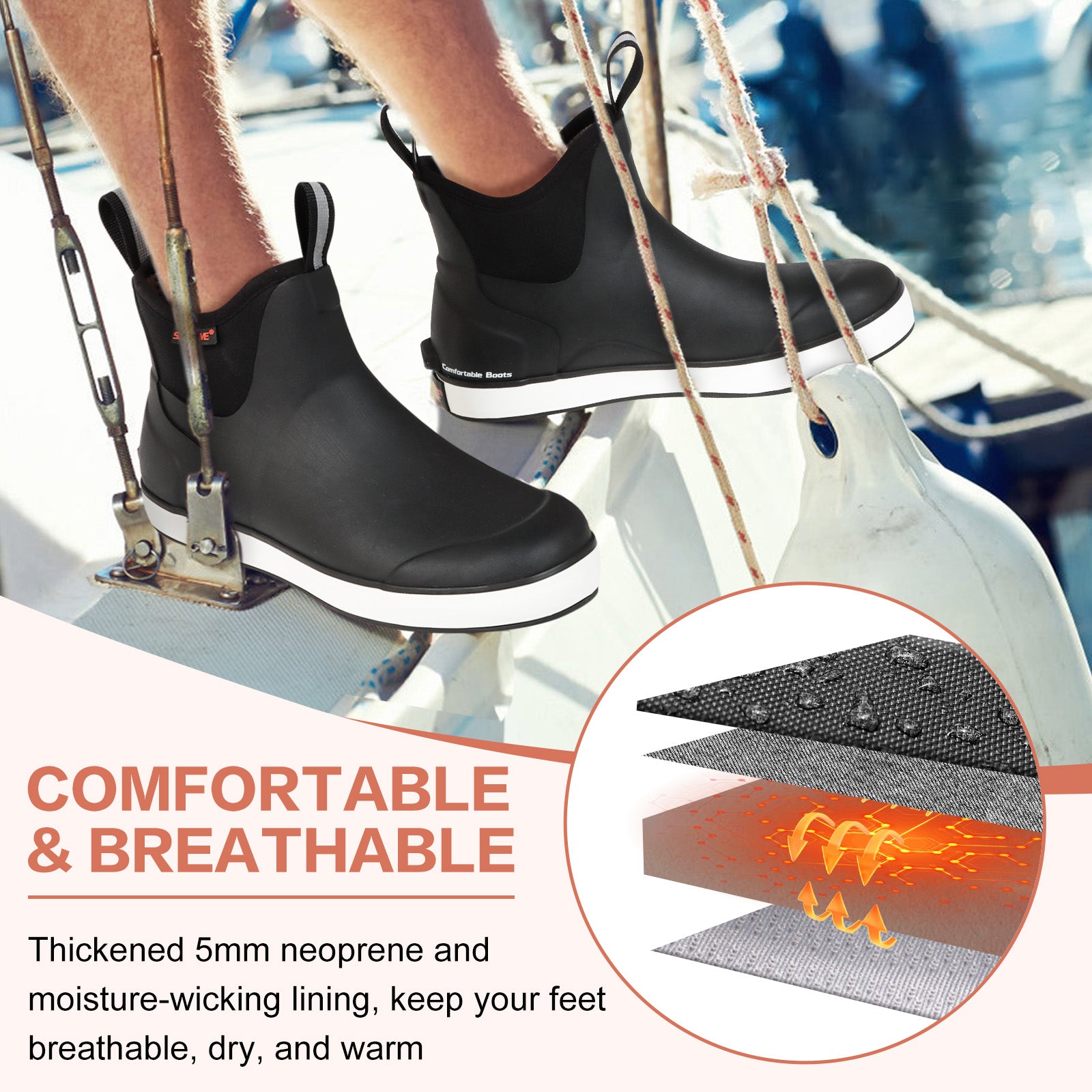 Showave Deck Boots for Men Ankle Rain Boots Men Insulated Rubber Boot Neoprene Mud Waterproof Boat Fishing Booties for Sailing Gardening