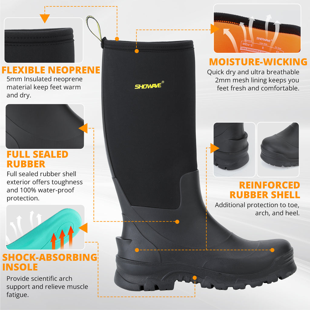 Showave Men's Knee High Waterproof Rubber Rain Boots - Insulated Mud Boot for Hunting & Outdoor