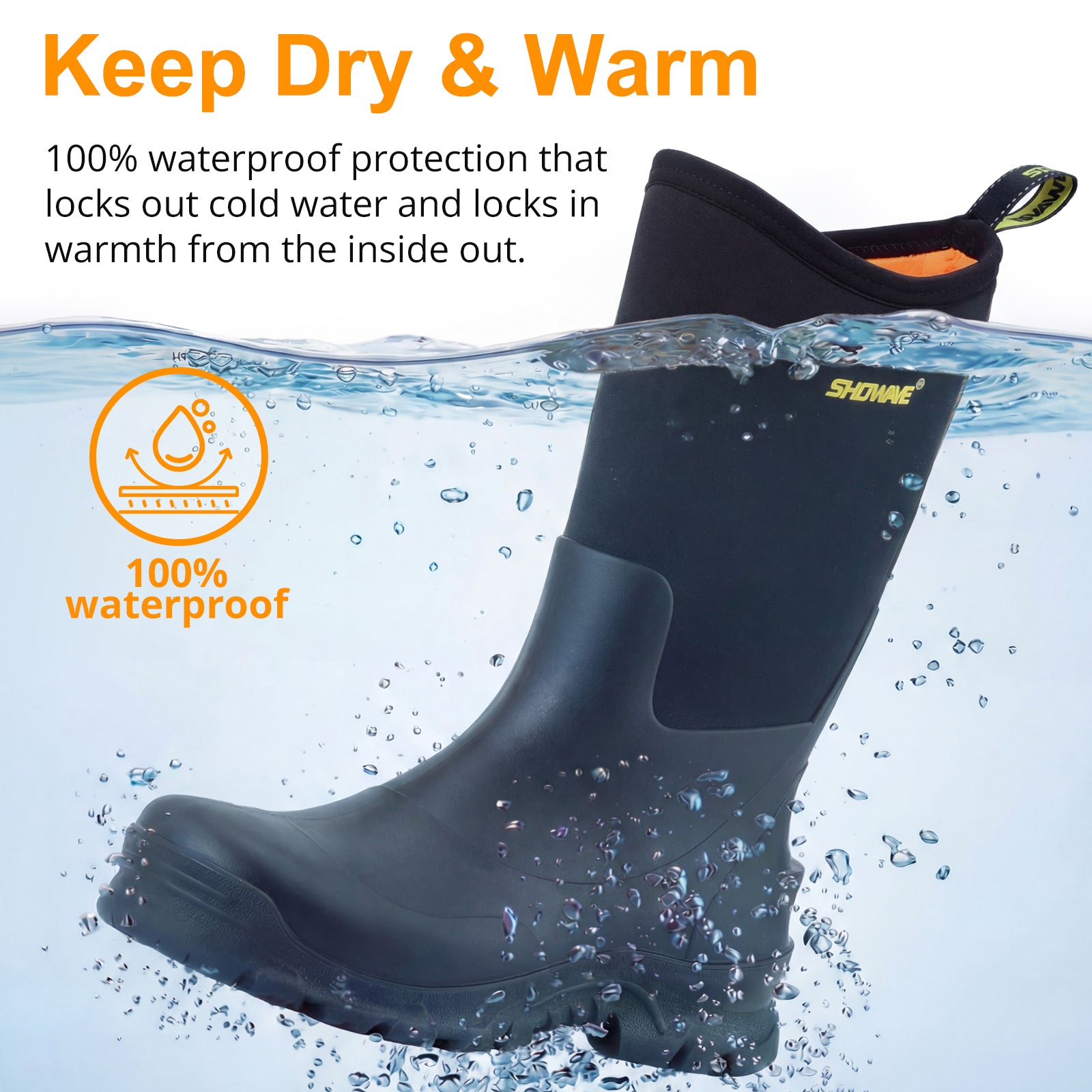 Showave Men's Rain Boots Mid Calf Mud Boot - Waterproof Insulated Rubber Boots for Gardening, Work & Outdoor