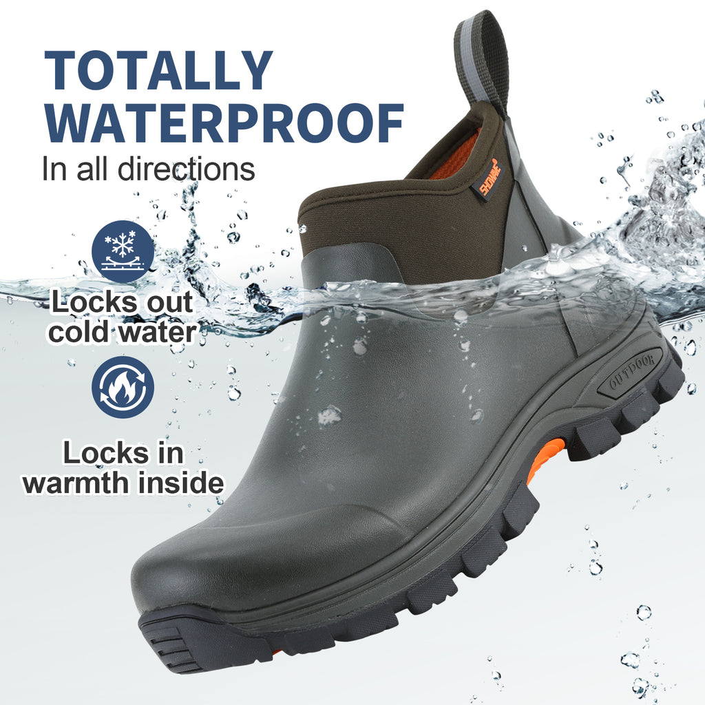 Showave Men's Excursion Ankle Rain Boots - Waterproof Rubber Mud Boot with Traction Lugs
