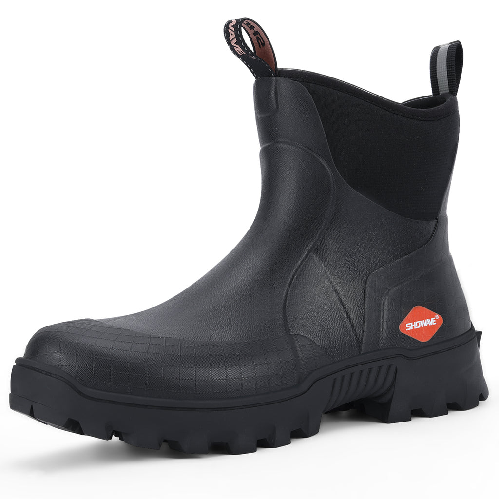 Showave Men's Short Rubber Boots Waterproof Rain Boots Insulated Working Booties with Comfortable Sports Sole