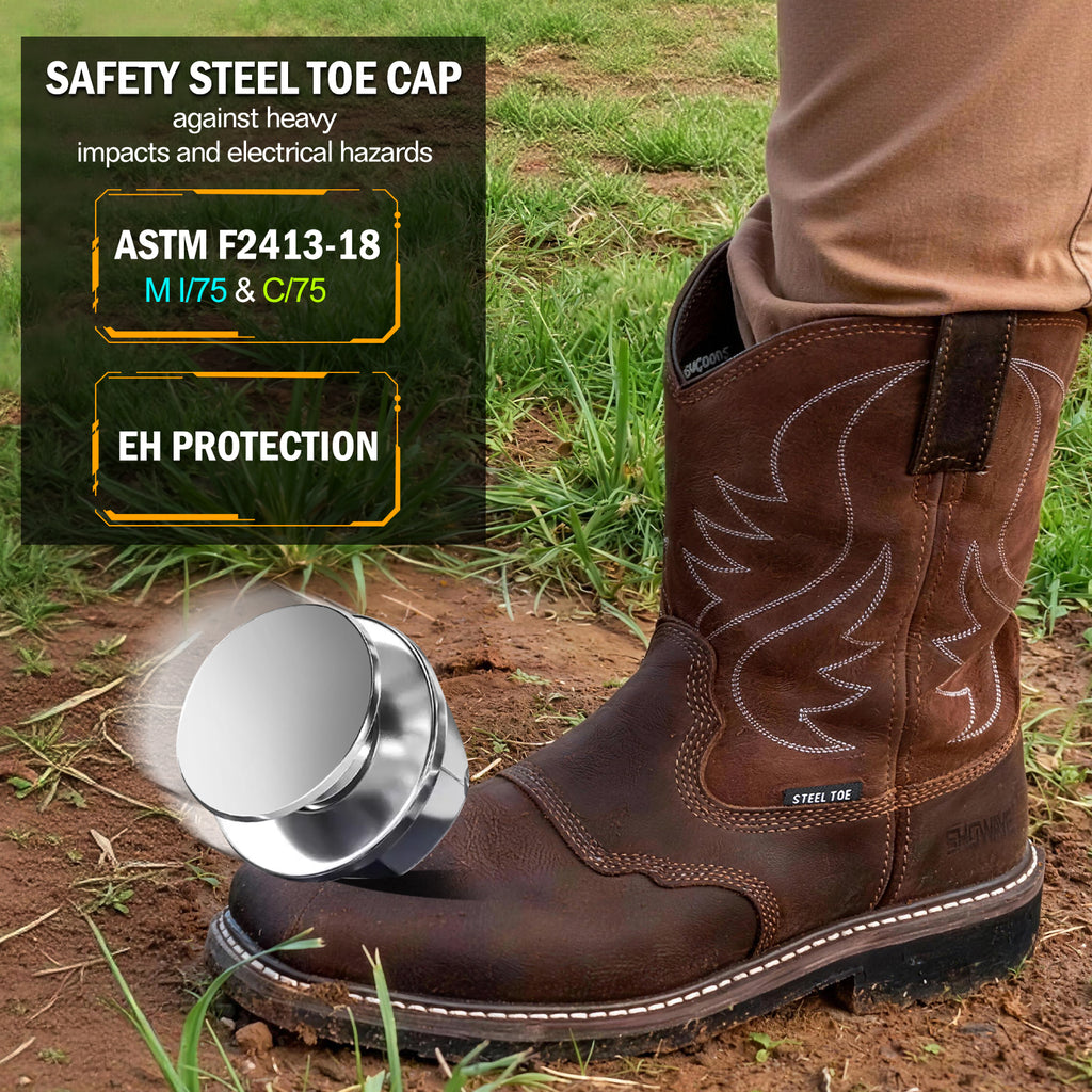 Showave Steel Toe Cowboy Boots for Men Western Square Toe Work Boot Full-grain Leather Safety Boots with Hazard Protection for Construction Manufacture Farming
