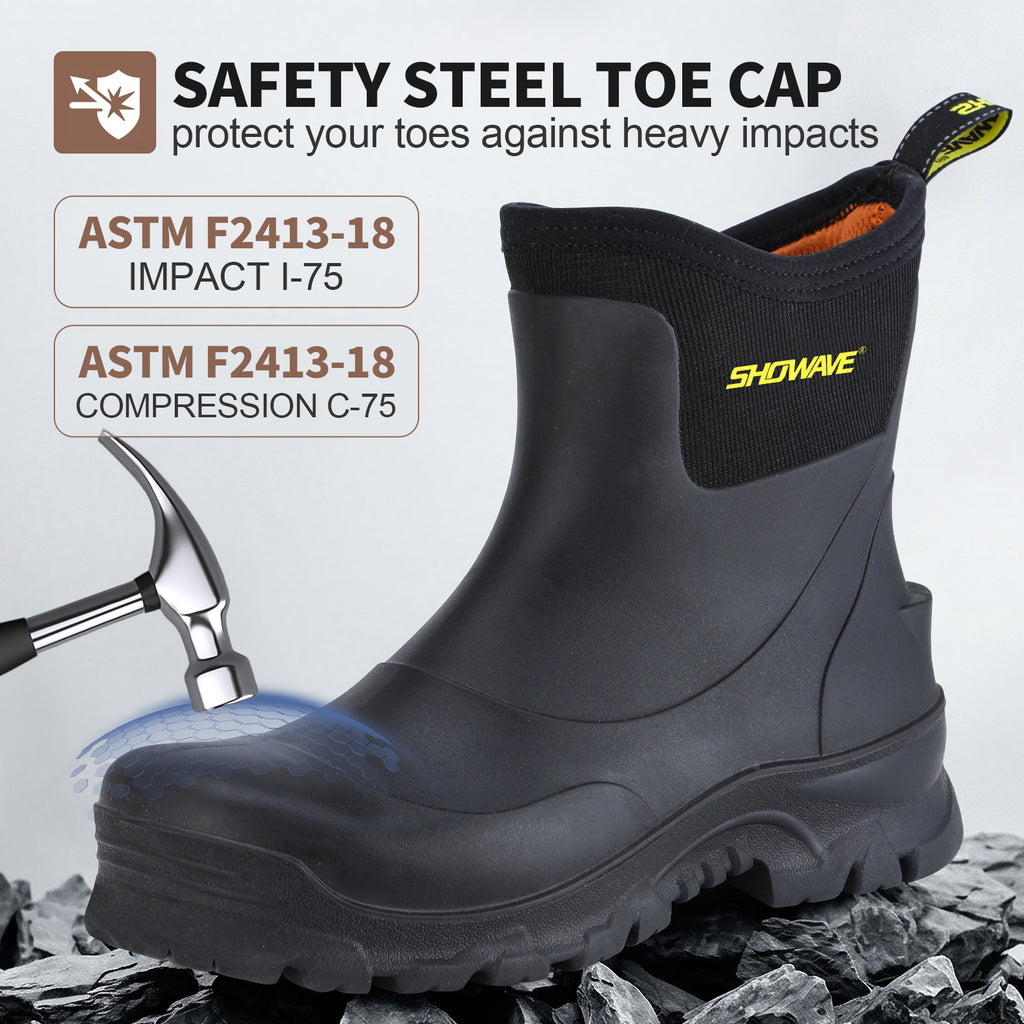 Showave Men's Short Steel Toe Rubber Work Boots Waterproof Rain Boot for Farming Construction Hunting Outdoor