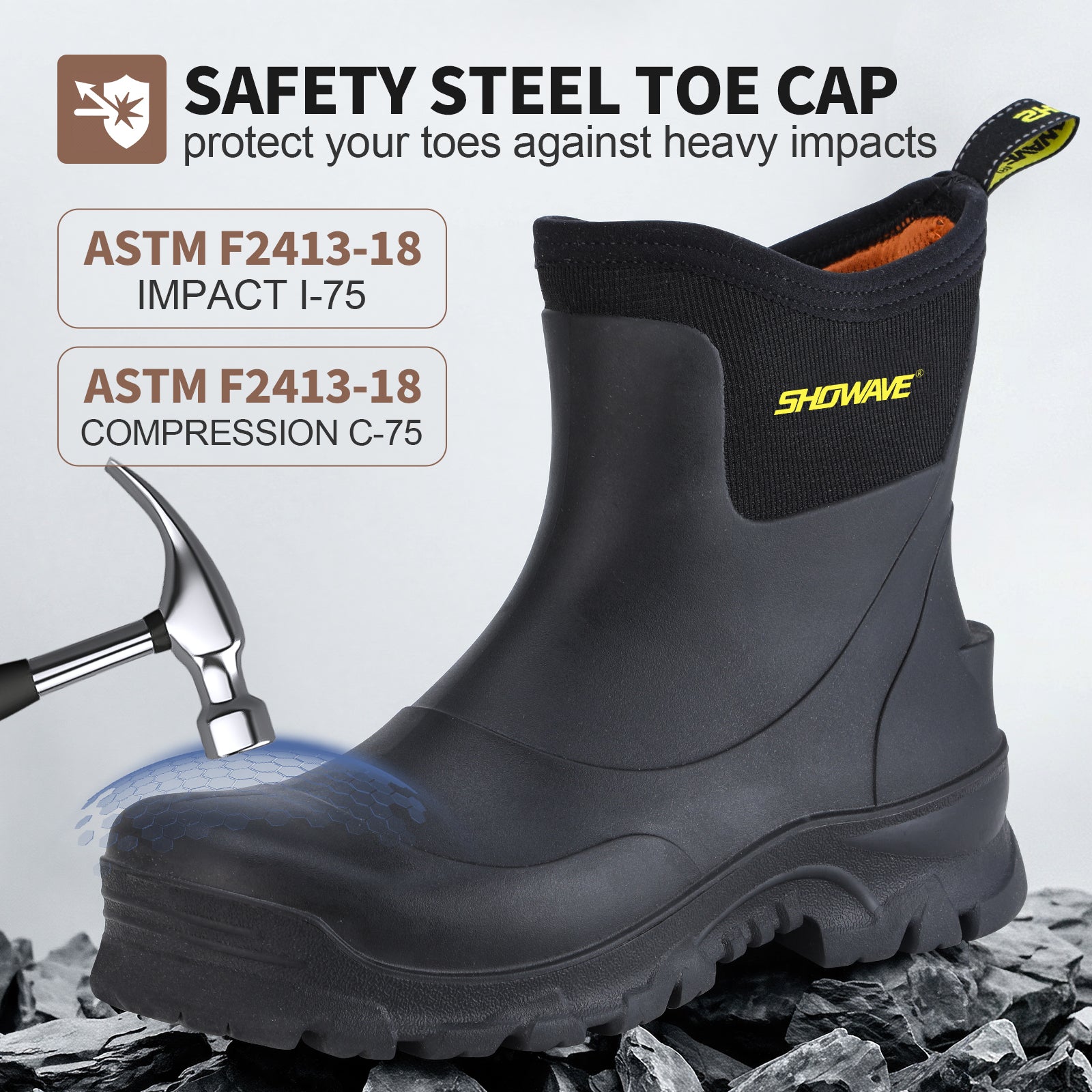 Showave Men's Short Steel Toe Rubber Work Boots Waterproof Rain Boot for Farming Construction Hunting Outdoor