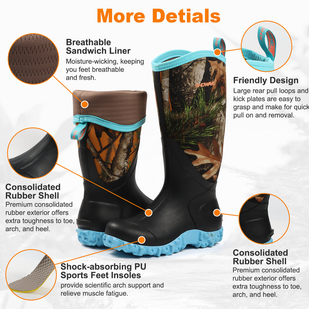 Showave Women's Tall Insulated Rubber Rain Boots – Waterproof Neoprene Mud Boot for Gardening Farming Fishing